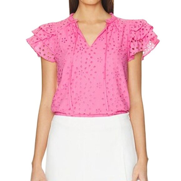 1. State White Eyelet Flutter Sleeve Blouse Tie Neckline Size M - Picture 4 of 7